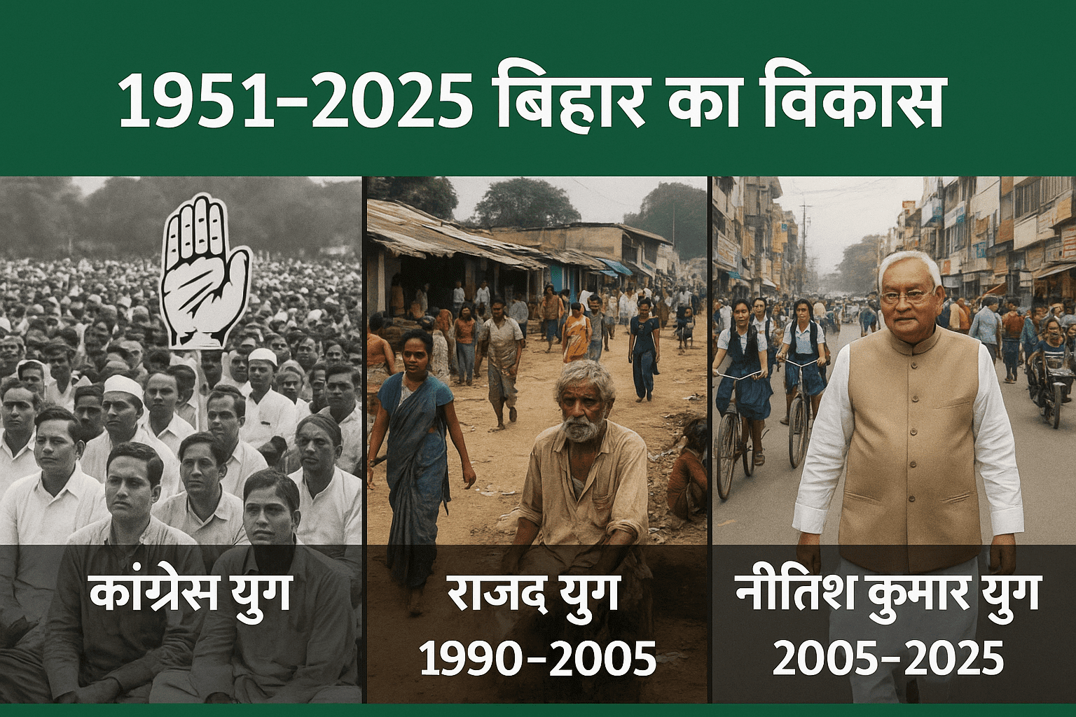 Bihar 1951–2025: Congress, RJD & NDA Eras Compared — Key Laws, Data, Wins, Gaps