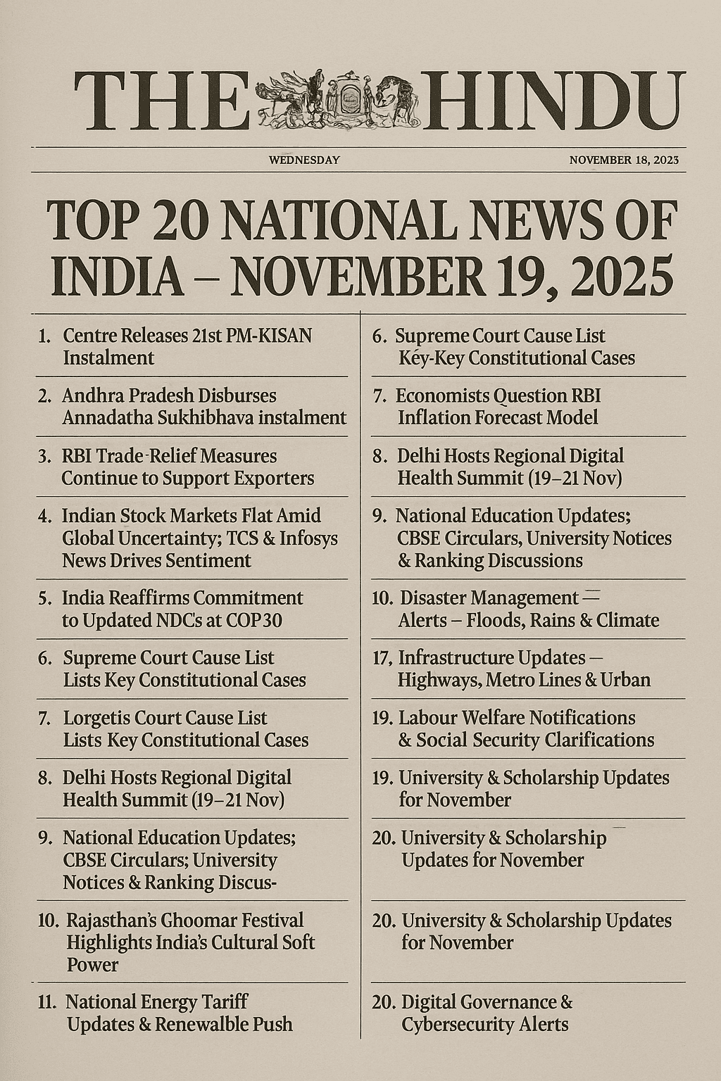 Top 20 National News of India (19 Nov 2025) for UPSC