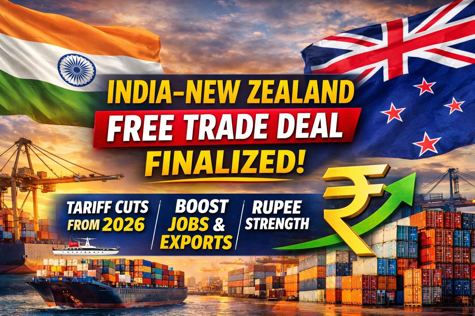 “India–New Zealand Free Trade Deal Finalised: Tariff Cuts From 2026 To Boost Jobs, Exports & Rupee Strength”